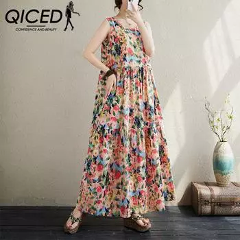 QICED Large Size Women s Retro Dress Summer National Style O-Neck Sleeveless Dress