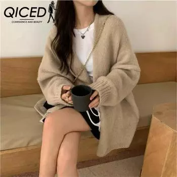 QICED Ленивый нежный вязаный кардиган свободный осень и зима на улице носить пальто свитер с дизайнерским смыслом для женщин Uniform size серый