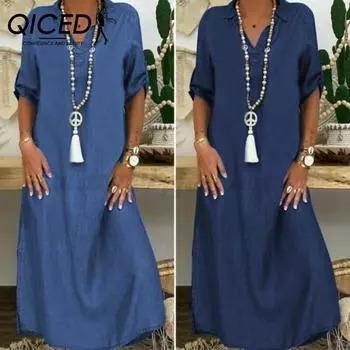 QICED Летнее джинсовое платье для женщин, повседневные весенние синие макси-платья с V-образным вырезом и рукавом до локтя, длинные платья больших размеров с разрезом M синий