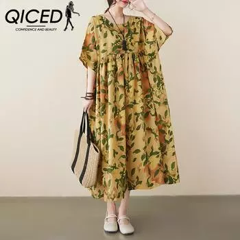 QICED Летнее хлопково-льняное платье большого размера с принтом и короткими рукавами, тонкое повседневное свободное хлопково-льняное длинное платье женское