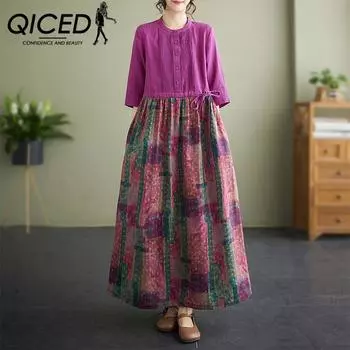 QICED летнее модное свободное платье в стиле ретро с художественным темпераментом, тонкое льняное платье с круглым вырезом и полурукавом, женское M