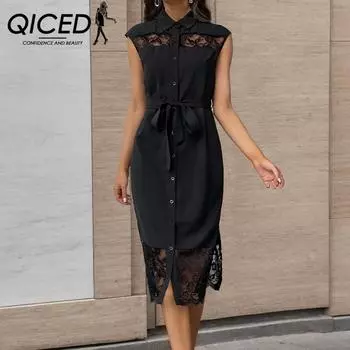 QICED Летнее однотонное женское платье в китайском стиле с лацканами S чёрный