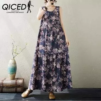 QICED Летнее платье для мамы в этническом стиле с круглым вырезом без рукавов, свободное утягивающее платье с принтом