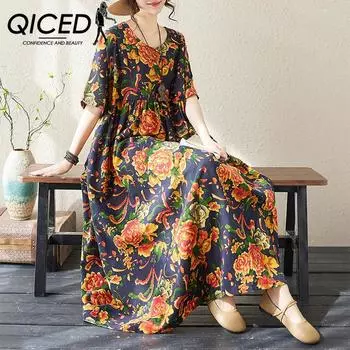 Летнее платье QICED National Wind для пожилых матерей большого размера Fat MM с короткими рукавами из хлопка рами контрастного цвета Uniform size