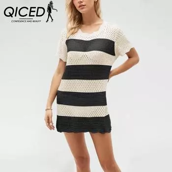 QICED Летнее платье-рубашка с вырезом на шее и крючком для пляжа в полоску S синий