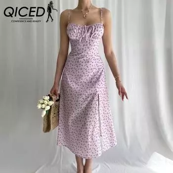 QICED Летнее платье с цветочным принтом и разрезом на шее, сексуальная юбка с цветочным принтом для девочек S синий