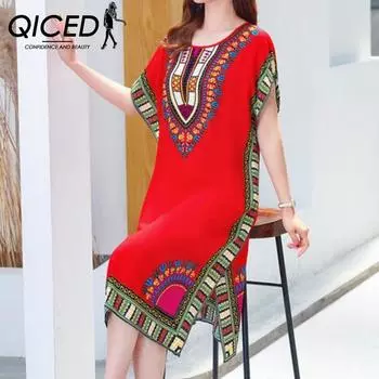 QICED Летнее платье с геометрическим принтом, пуловер, один размер, шикарное женское платье до середины икры для домашней одежды one size красный