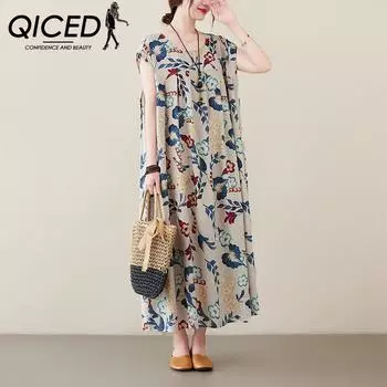 QICED Летнее платье с художественным принтом большого размера, свободное тонкое платье с коротким рукавом и длинной юбкой, женское