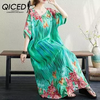 QICED Летнее платье с круглым вырезом, шифоновое, вычурное, свободное богемное пляжное платье больших размеров, длинное Uniform size зелёный