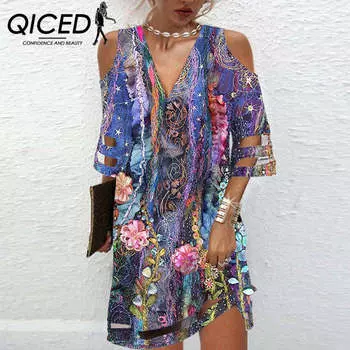 QICED Летнее платье с v-образным вырезом и цветочным принтом, с короткими рукавами, модное женское платье S