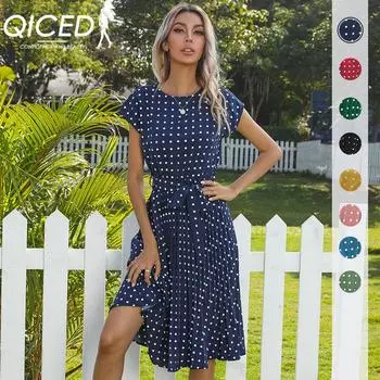 Летнее платье-миди с короткими рукавами и шнуровкой в горошек QICED с плиссировкой S