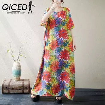 QICED Летнее шифоновое платье с круглым вырезом размера плюс, свободное богемное праздничное пляжное платье, длинный халат для девочек