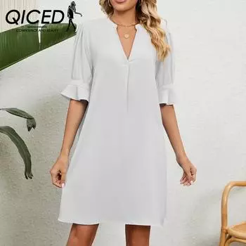 QICED Летнее сплошное цветное свободное плиссированное платье с v-образным вырезом и пятью рукавами для женщин S чёрный