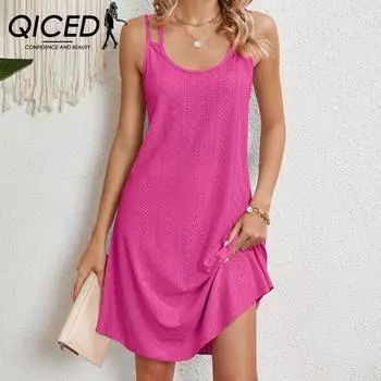 QICED Летнее сплошное свободное платье без рукавов с круглым вырезом S белый