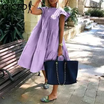 QICED, летнее стильное женское свободное плиссированное платье с короткими рукавами, женское однотонное повседневное платье, короткая юбка