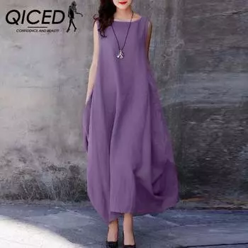 QICED Летнее хлопковое и льняное свободное свободное платье для отдыха, однотонное, с круглым вырезом и карманами, для женщин S фиолетовый