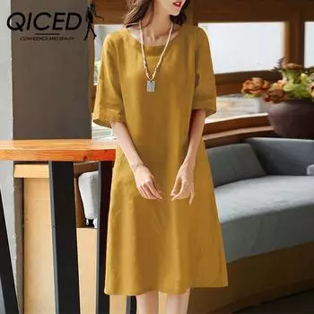 QICED Летнее свободное женское платье трапециевидной формы с короткими рукавами и круглым вырезом Праздничный пляжный сарафан S