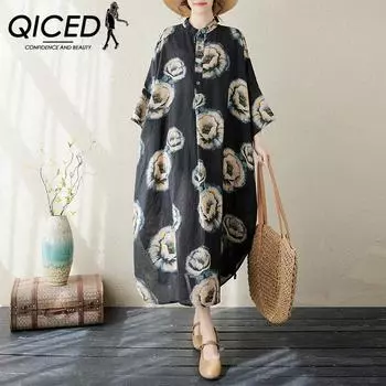 QICED Летнее темпераментное литературное винтажное свободное платье из хлопка и льна с воротником-стойкой, удлиненное праздничное платье больших размеров