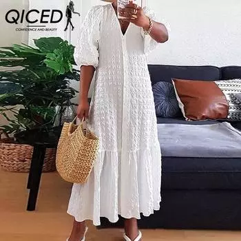 QICED Летнее тканое однотонное свободное повседневное платье с v-образным вырезом и пуговицами в складку S