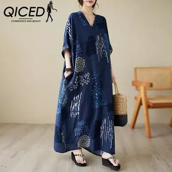 QICED летнее тонкое хлопковое конопляное платье с v-образным вырезом размера плюс, свободное художественное праздничное пляжное платье в стиле ретро, длинное платье с мясом Uniform size синий