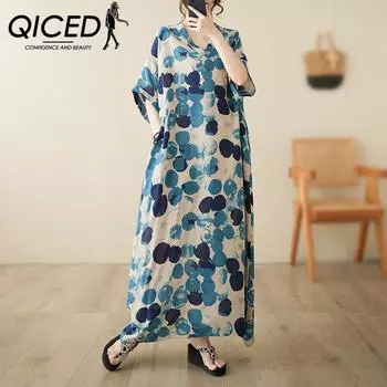 QICED летнее тонкое хлопковое конопляное платье с v-образным вырезом размера плюс, свободное художественное праздничное пляжное платье в стиле ретро, длинное платье с мясом