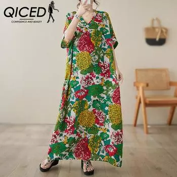 QICED Летнее тонкое свободное платье больших размеров с v-образным вырезом в стиле арт-отпуск, пляжное платье, длинное платье в стиле ретро с мясом