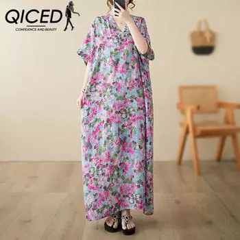 QICED Летнее тонкое свободное платье больших размеров с v-образным вырезом в стиле арт-отпуск, пляжное платье, длинное платье в стиле ретро с мясом