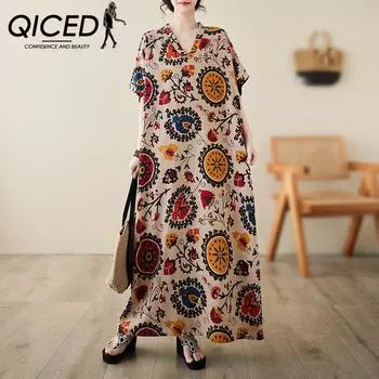 QICED Летнее тонкое свободное платье больших размеров с v-образным вырезом в стиле арт-отпуск, пляжное платье, длинное платье в стиле ретро с мясом