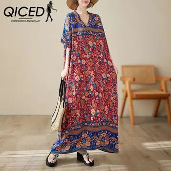 QICED Летнее тонкое свободное платье больших размеров с v-образным вырезом в стиле арт-отпуск, пляжное платье, длинное платье в стиле ретро с мясом