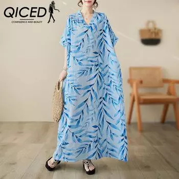 QICED Летнее тонкое свободное платье больших размеров с v-образным вырезом в стиле арт-отпуск, пляжное платье, длинное платье в стиле ретро с мясом