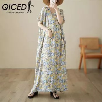 QICED Летнее тонкое свободное платье больших размеров с v-образным вырезом в стиле арт-отпуск, пляжное платье, длинное платье в стиле ретро с мясом