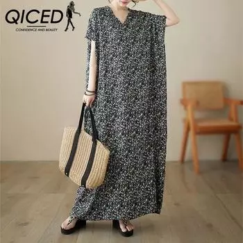 QICED Летнее тонкое свободное платье больших размеров с v-образным вырезом в стиле арт-отпуск, пляжное платье, длинное платье в стиле ретро с мясом
