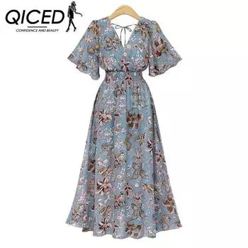 QICED Летнее весеннее платье Fat MMebay с цветочным принтом и V-образным вырезом, длинное, с короткими рукавами M абрикосовый