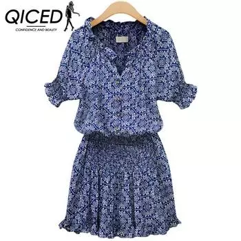 QICED Летнее весеннее женское повседневное платье с короткими рукавами и V-образным вырезом, шифоновое платье S