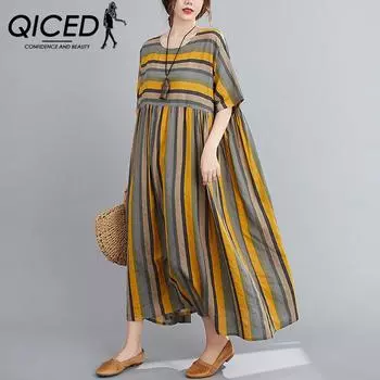 QICED Летнее винтажное свободное платье в миллиметровую полоску с круглым вырезом и короткими рукавами, с круглым вырезом выше колена