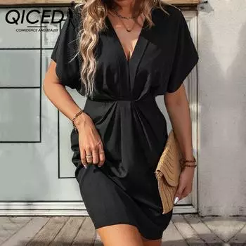 QICED Летнее женское черное платье с v-образным вырезом и летучей мышью S чёрный