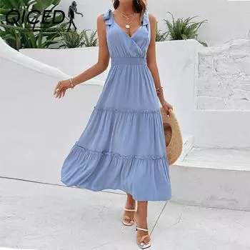QICED Летнее женское однотонное платье с лямкой на шее и завышенной талией S синий