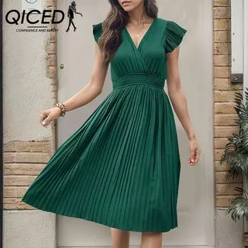 QICED Летнее женское однотонное плиссированное платье с короткими рукавами S зелёный