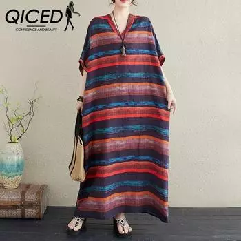QICED летнее женское платье больших размеров с v-образным вырезом в полоску и принтом, тонкое хлопковое платье из конопли, праздничное пляжное платье в стиле ретро, длинный халат с мясом
