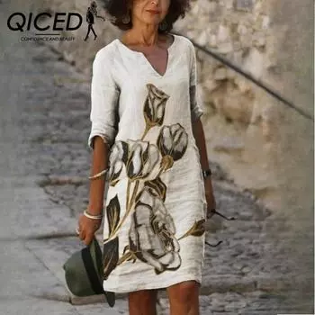 QICED Летнее платье свободного кроя из бамбукового волокна с цветочным узором и рукавами 1/2 для женщин в винтажном литературном стиле с V-образным вырезом и рукавами Five Points S зелёный