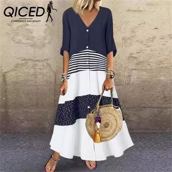 QICED Летнее женское платье с V-образным вырезом и коротким рукавом с принтом, длинное, повседневное платье на пуговицах S коричневый