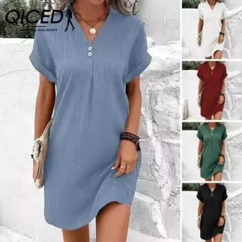 QICED Летнее женское платье с V-образным вырезом на пуговицах с коротким рукавом, свободный однотонный пуловер, повседневная одежда, мини-платье S белый