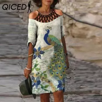 QICED Летнее женское платье свободного кроя из бамбукового волокна с цветочным узором и ретро-литературным принтом с круглым вырезом и рукавами Five Points S