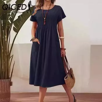 QICED летнее женское повседневное свободное хлопковое льняное платье больших размеров с круглым вырезом и карманами