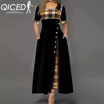 QICED Летнее женское свободное платье с короткими рукавами и круглым вырезом в уличном стиле S чёрный