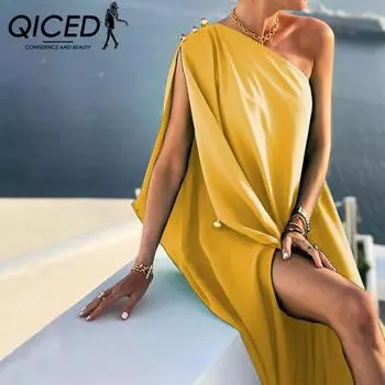 QICED летнее женское темпераментное модное однотонное свободное длинное платье на одно плечо, праздничное платье королевы S жёлтый