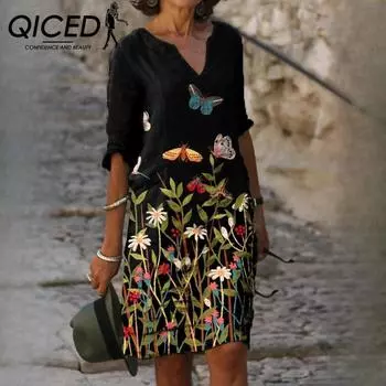 QICED Летние напечатанные свободные бамбуковые волокна пенька измельченный цветок V-образный вырез рукав пять точек женские винтажные литературные платья S чёрный