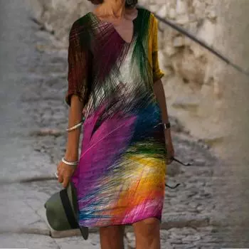 QICED Летние платья с принтом из бамбукового волокна, свободного льна, с цветочным принтом и короткими рукавами, женские винтажные литературные платья с круглым вырезом и пятью рукавами S разноцветный