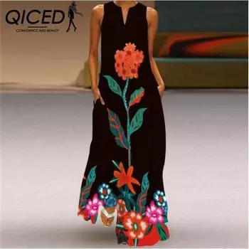 QICED Летние женские платья без рукавов с длинным V-образным вырезом и принтом в виде нефритового цветка S