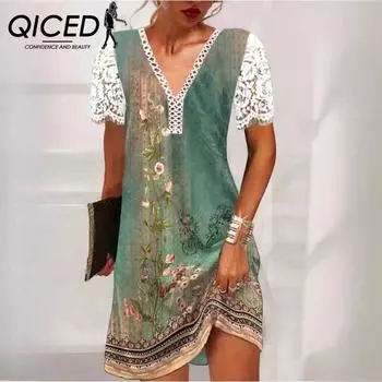 QICED Летние женские повседневные кружевные лоскутные воротники с коротким рукавом платья S зелёный